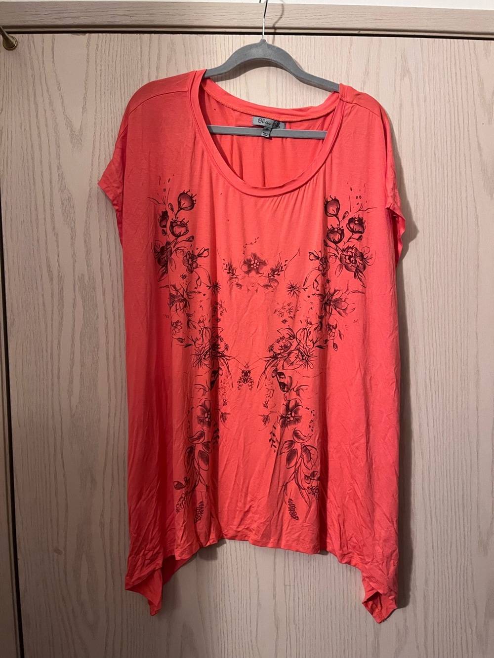 Olivia Sky Coral Short-Sleeve Tunic with Black Floral Print